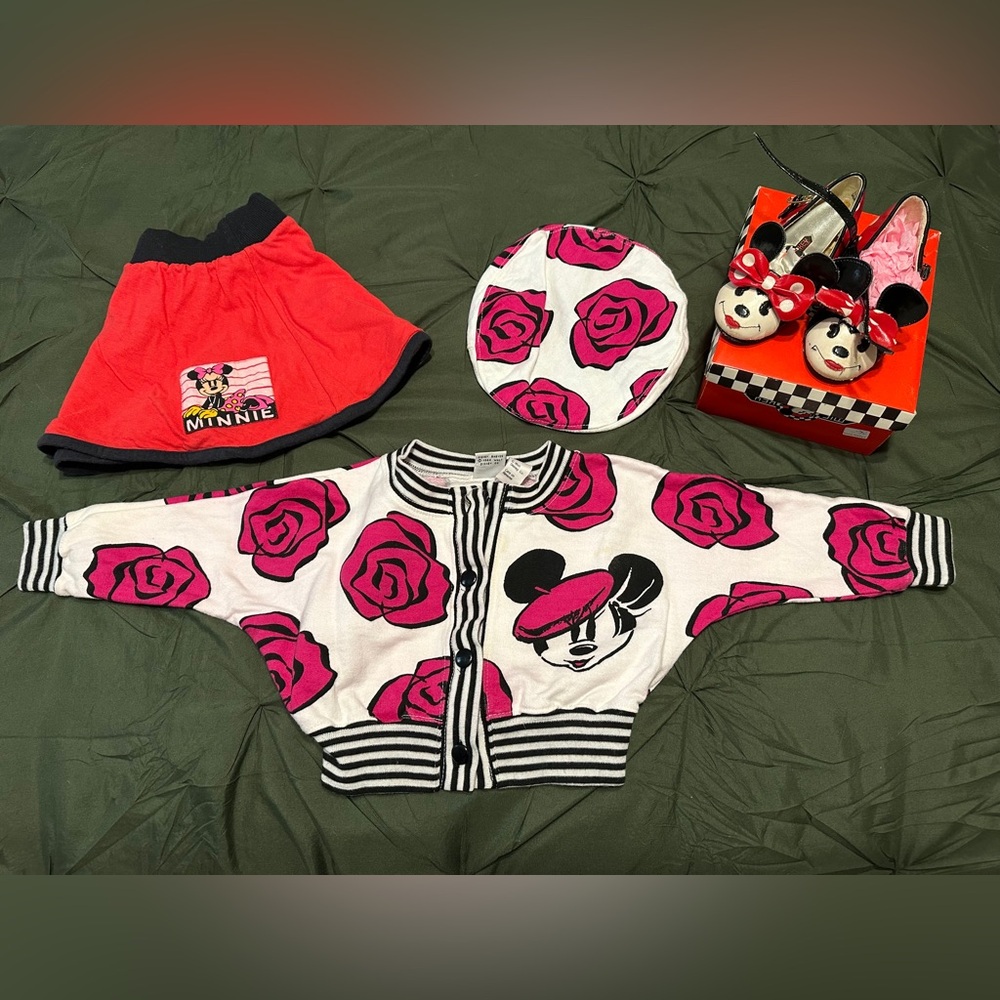 Minnie Mouse Rose Print Cardigan Set with a beret.